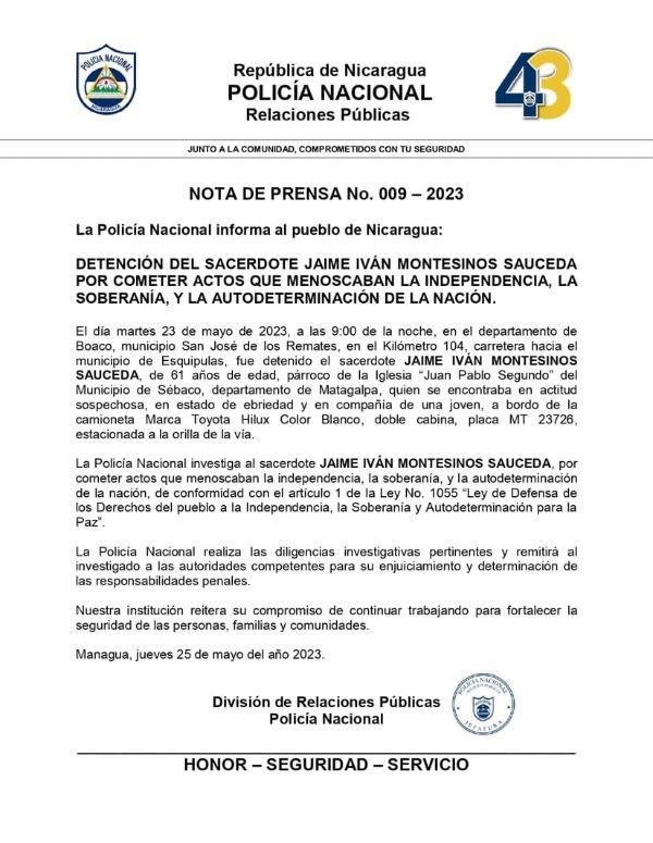 Nicaragua nota de prensa Policía