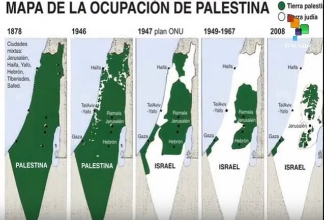 Mapas del territorios israelís y palestinos en 1878, 1946, 1947 (plan ONU), 1947-1967, y 2008.