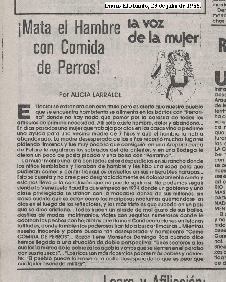 ¡Mata el Hambre con Comida de Perros!, Alicia Larralde. (EL Mundo, 23 de julio de 1988, pág. 4